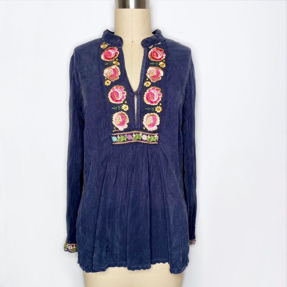 Johnny Was Embroidered Floral Long Sleeve Boho Pintuck Blouse (Oversized)